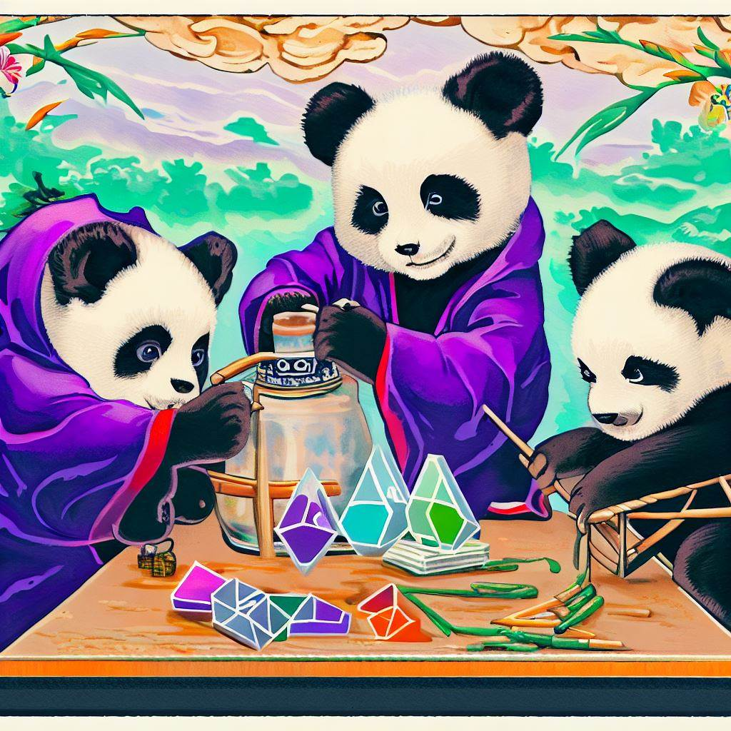 ukiyo-e style design of 3 furry happy pandas playfully doing experiments on ethereum in a laboratory