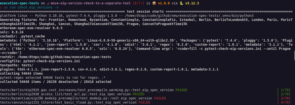 Test framework summary for a failing EIP spec version test